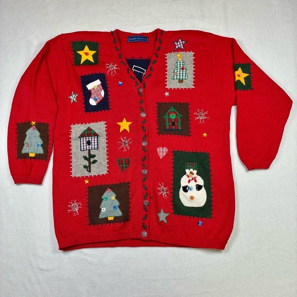 Vintage Christmas Cardigan Sweater 1X Hand Embroidered Karen Scott *READ DESCRIP
